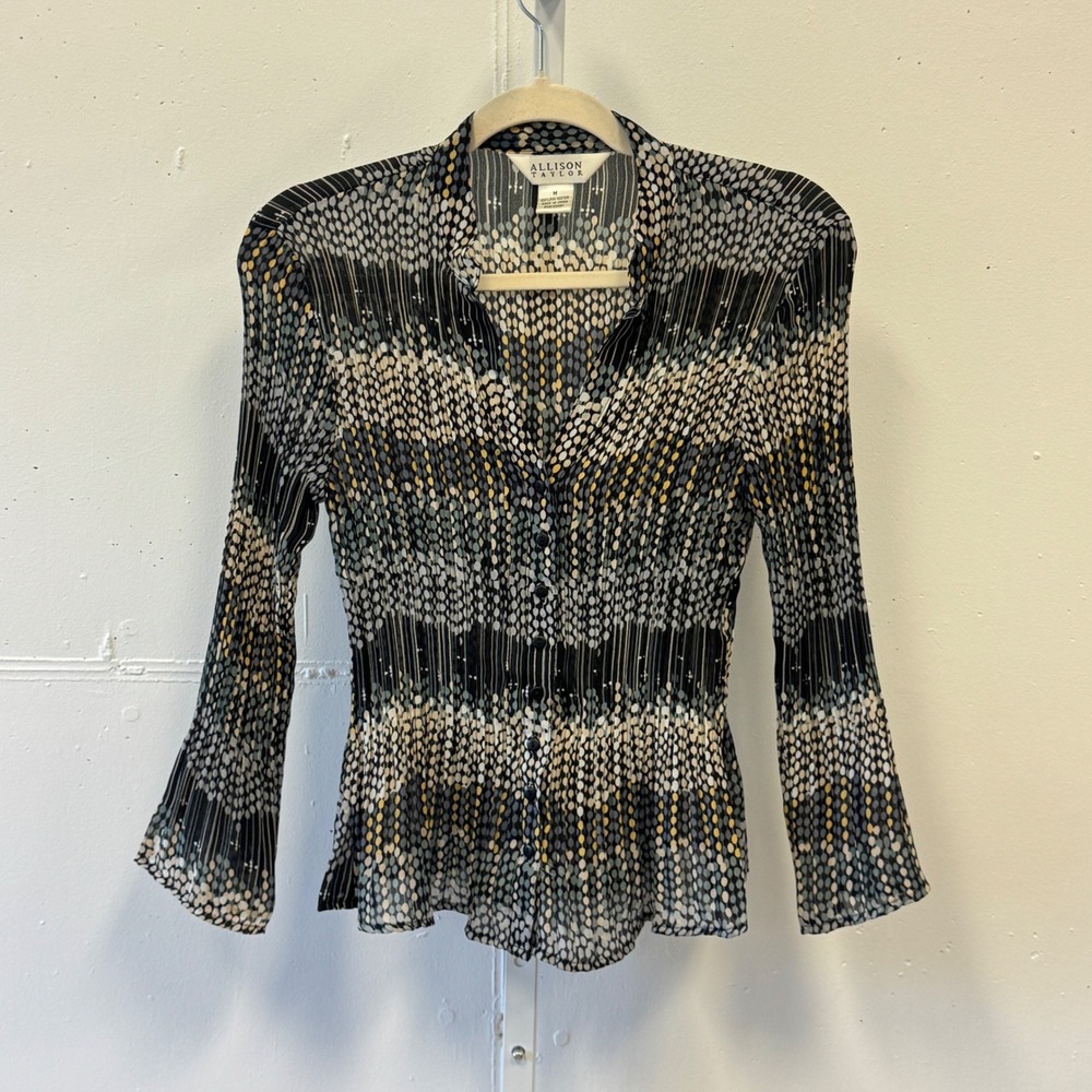 Y2K Allison Taylor Ochre Pleated Dot Print Bell Sleeve Blouse V-neck Black Cream